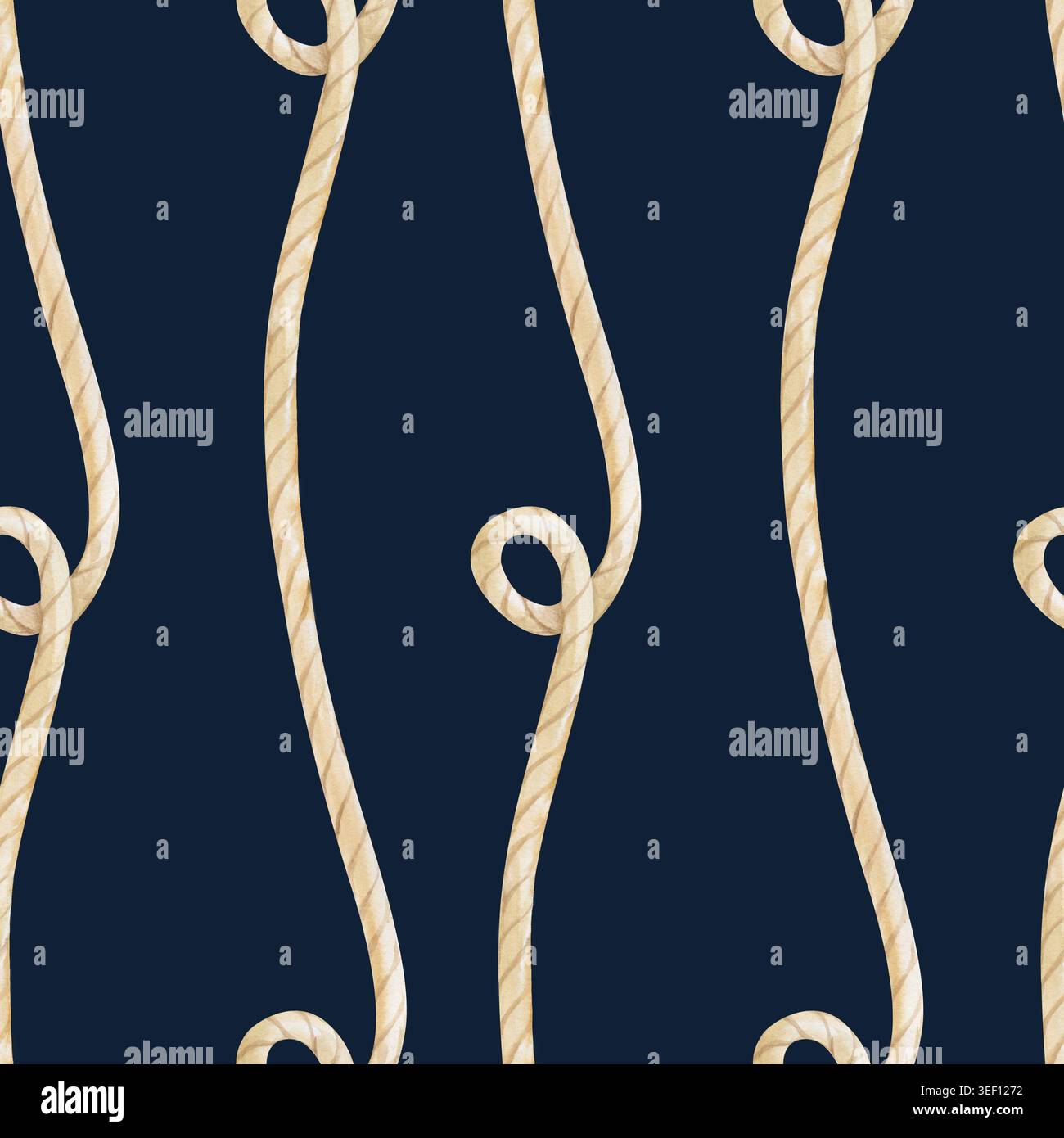 Motif sans couture aquarelle peint à la main avec des cordes nautiques courbées avec des boucles. Texture torsadée réaliste de fibre de jute naturelle en beige clair et Banque D'Images