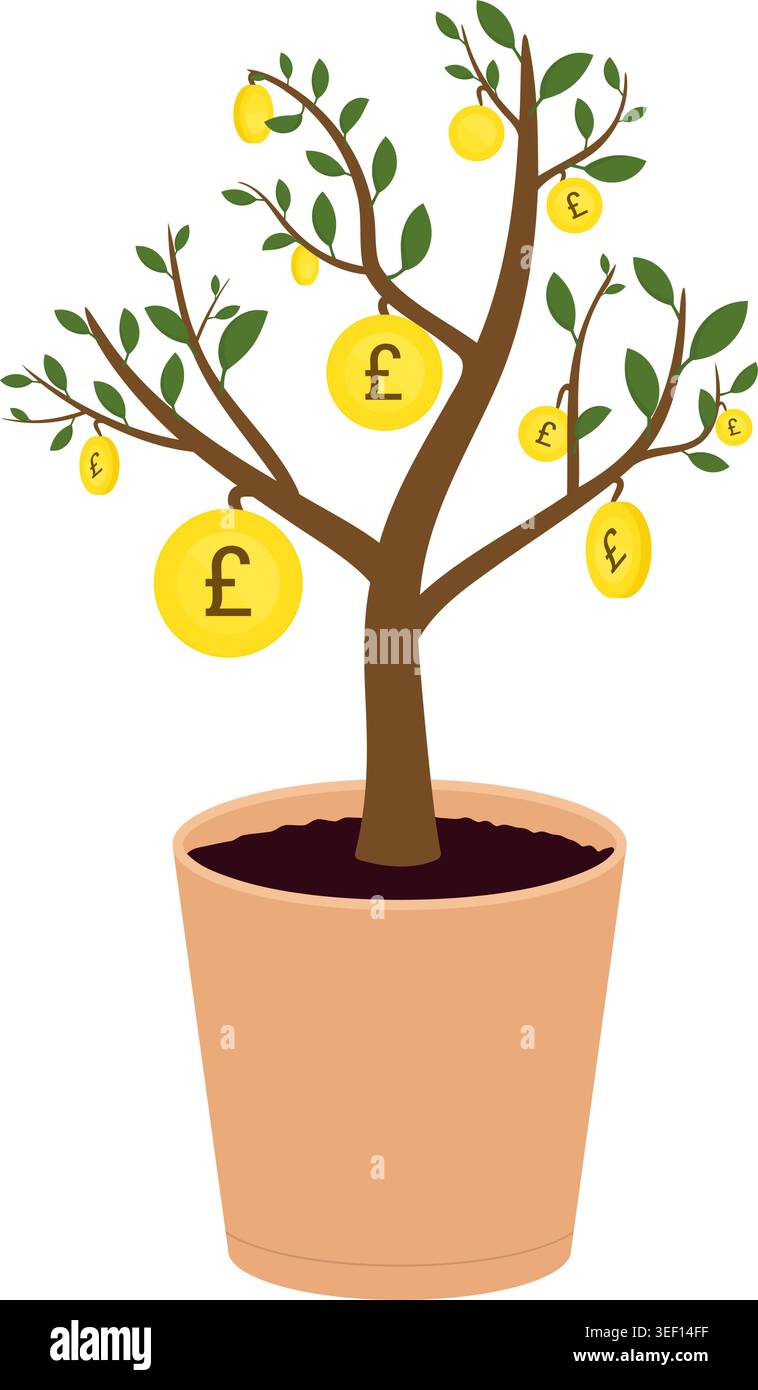 Arbre d'argent avec des pièces de livre sterling dorées. Vecteur EPS10 Illustration de Vecteur