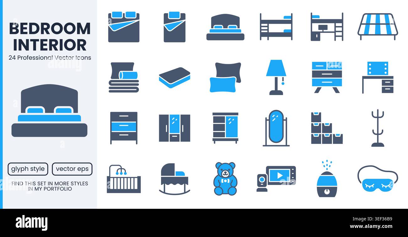 Chambre à coucher, meubles de pépinière icônes de glyphe. Lit superposé, berceau, armoire, commode, miroir, oreiller, matelas plat illustrations vectorielles minimales. Simple plat Illustration de Vecteur