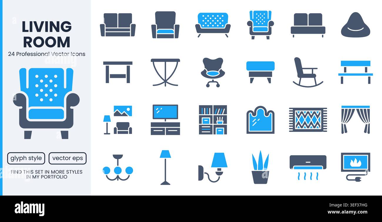 Jeu d'icônes de glyphe de meubles de salon. Canapé, fauteuil en cuir, cheminée, étagère, rideaux, meuble TV, tapis plat illustration vectorielle minimale. Simple Illustration de Vecteur