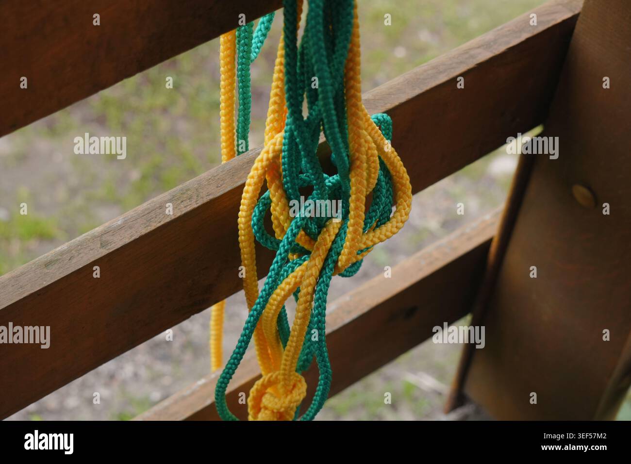 Gros plan d'une corde utilitaire jaune et verte enchevêtrée avec des nœuds suspendus contre une clôture de jardin extérieure floue illustrant les concepts de fixation et de sécurité Banque D'Images