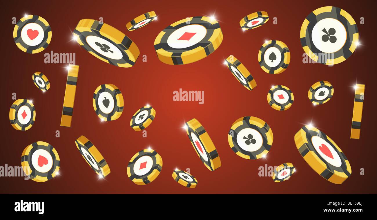 Puces d'or noir volantes. 3D réaliste pièces de poker fond rouge. Symboles de pari de jeu de dés de la roulette de blackjack signe de jeu de luxe. Éléments rotatifs de jeu en ligne Illustration de Vecteur