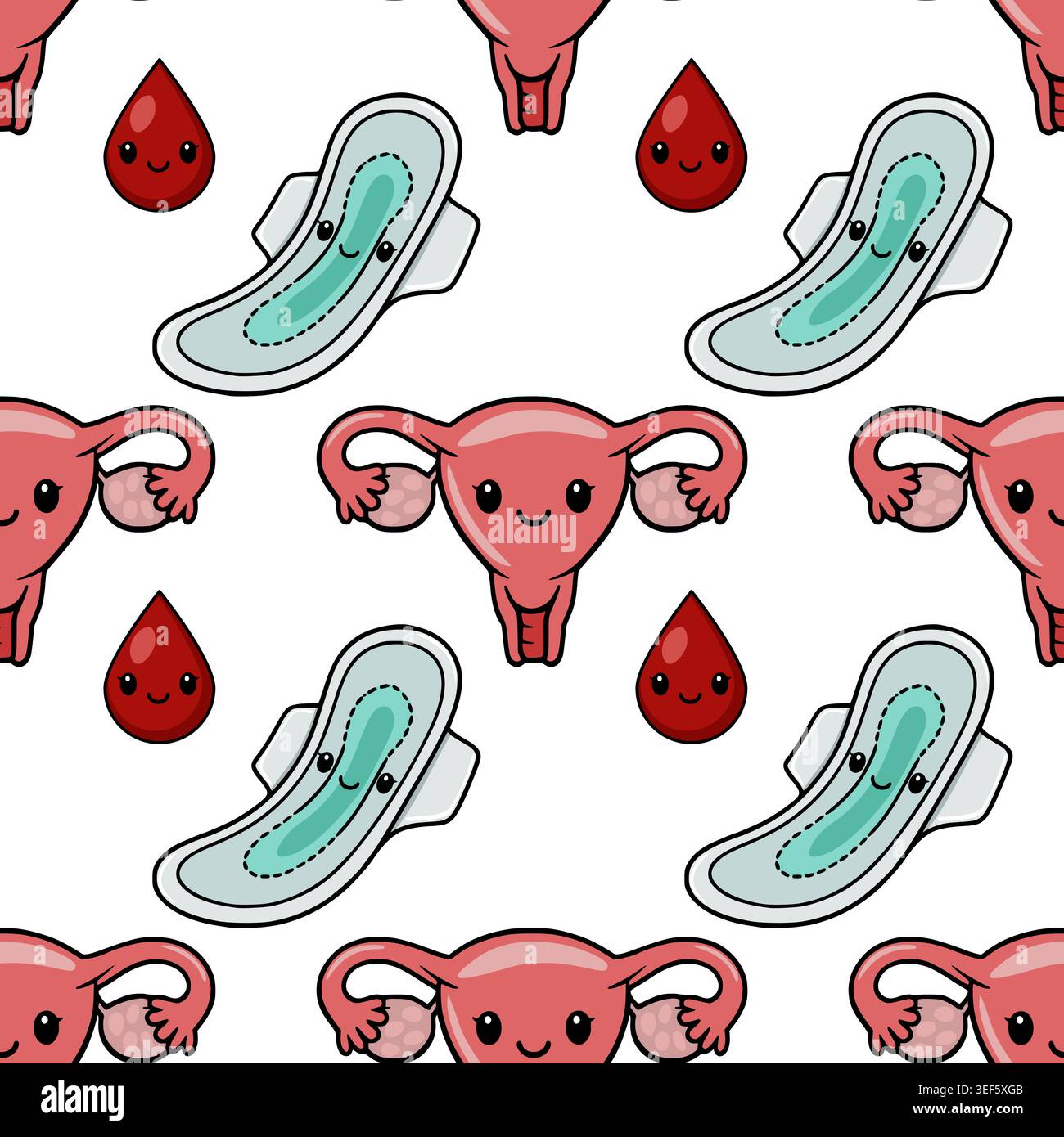 Illustration vectorielle sans couture mignonne de l'utérus kawaii, du coussinet menstruel et des personnages de goutte de sang Illustration de Vecteur