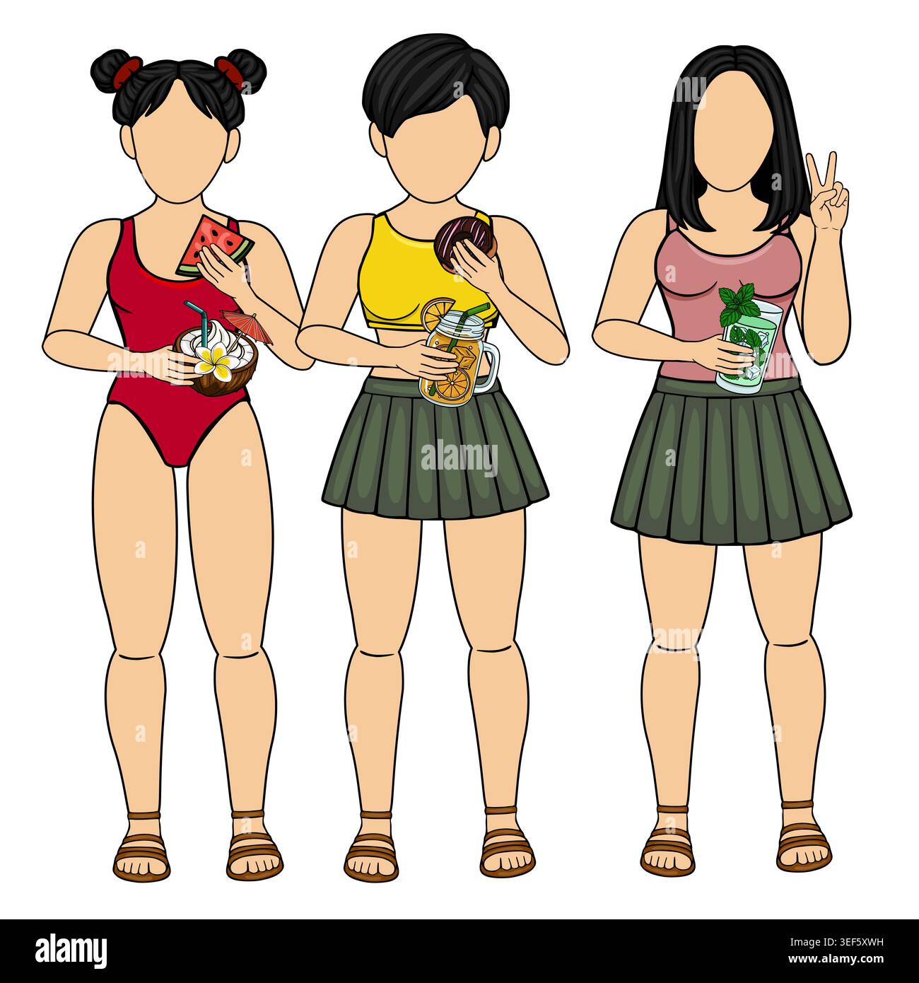 Trois jeunes femmes diverses dans des tenues d'été tenant des boissons rafraîchissantes et des collations, illustration vectorielle Illustration de Vecteur