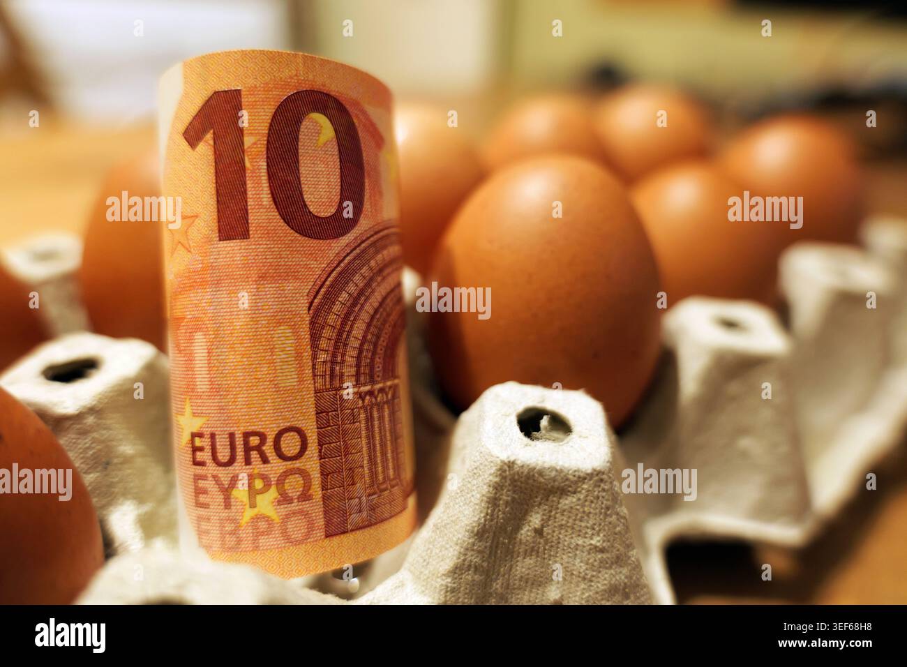 Billet roulé de 10 euros debout dans un carton rempli d'œufs bruns, visualisant les concepts d'inflation, de coût de la vie et d'econ Banque D'Images