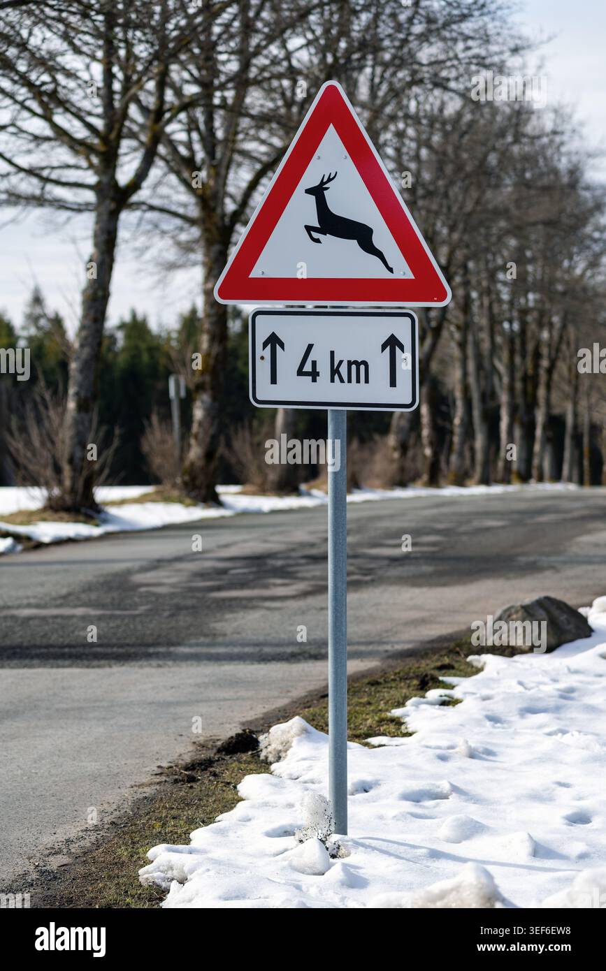 Un panneau d'avertissement de passage à cerfs avec des informations supplémentaires sur la distance indique un risque accru pour la faune pour les 4 prochains kilomètres le long d'une route rurale. Banque D'Images