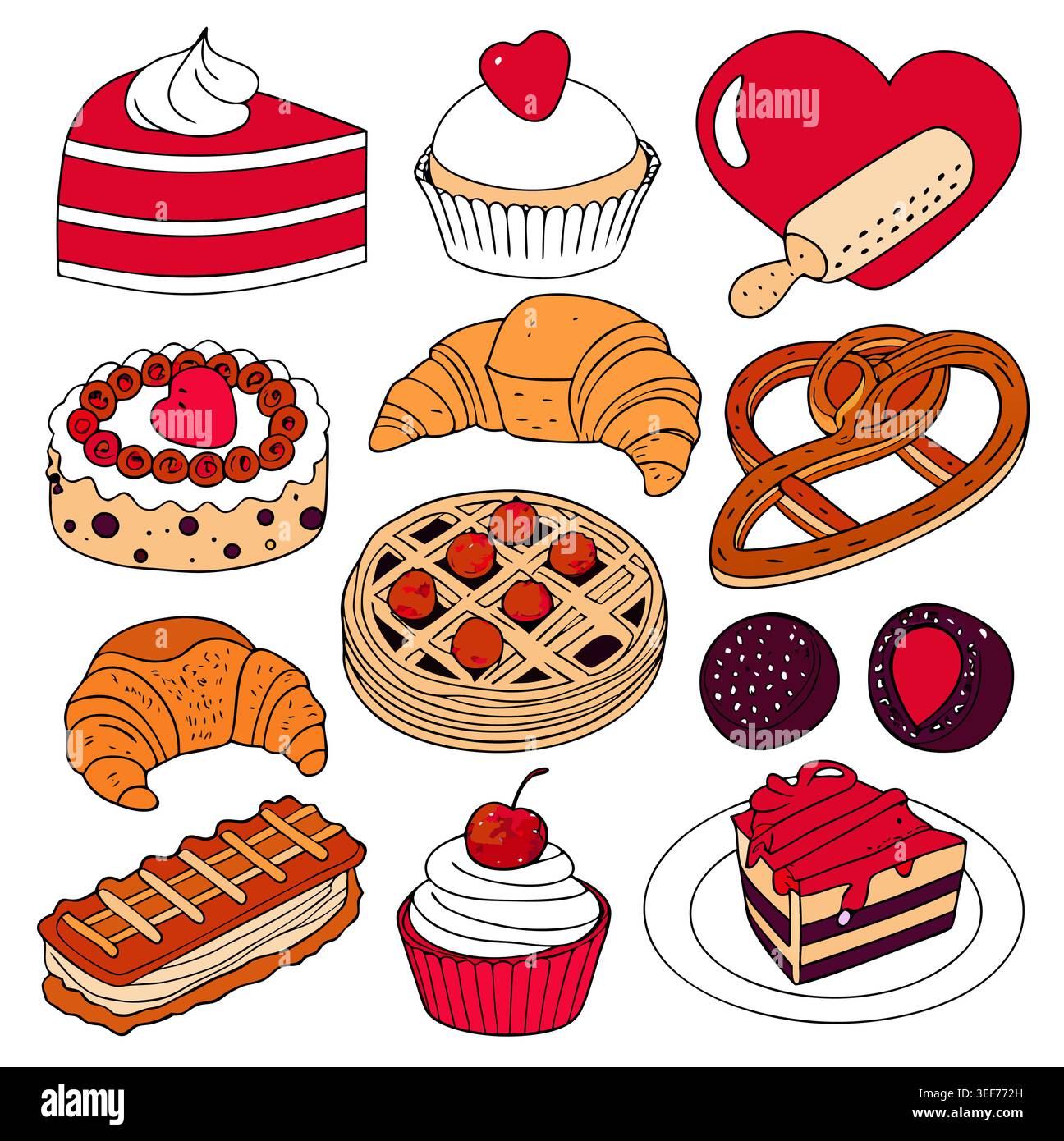 Assortiment de desserts de boulangerie sucrés et de pâtisseries doodle art. Illustration de Vecteur