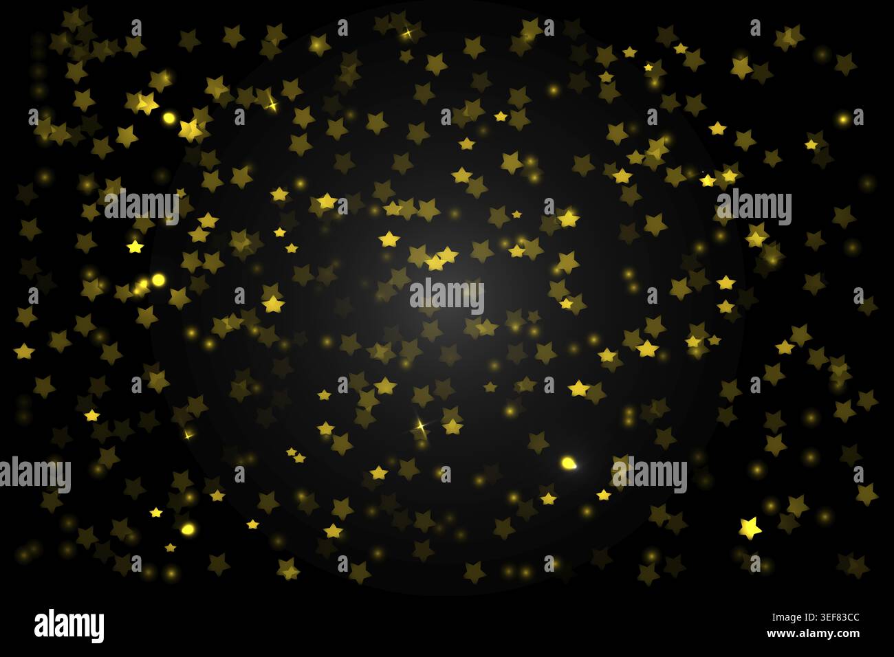 Étoiles d'or tombantes et paillettes sur fond noir foncé, toile de fond de vacances festives, illustration de conception plate Banque D'Images