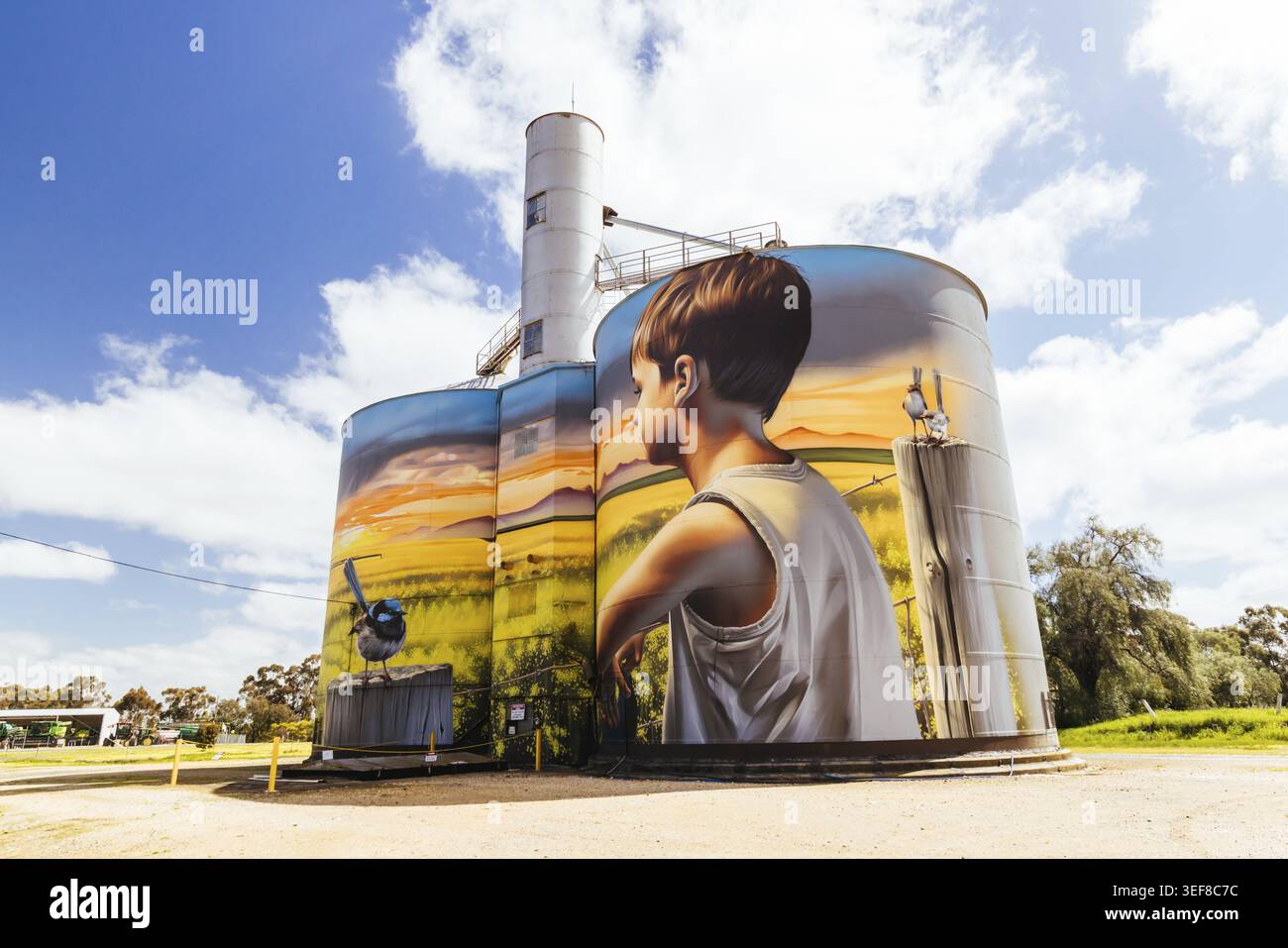 RUPANYUP, AUSTRALIE - SEPTEMBRE 27 2025 : murale de silo Rupanyup sur le Silo Art Trail lors d'une journée de printemps ensoleillée dans la région de Wimmera Mallee à Victoria, Aus Banque D'Images