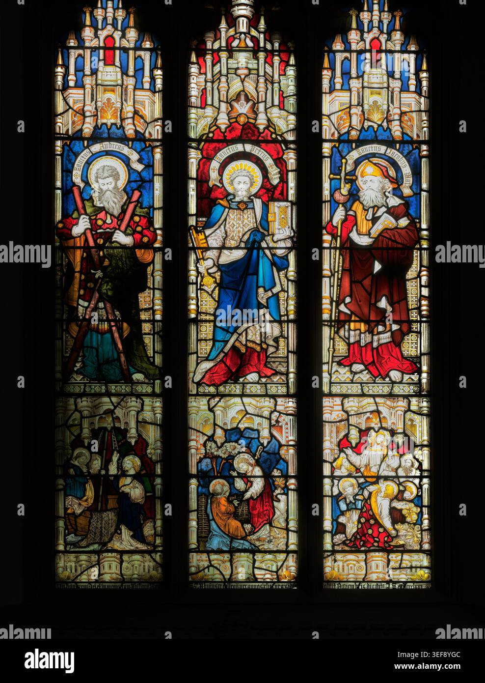 Tryptich, des saints Andrew, Peter et James, dans la chapelle du St John's College, Oxford, Angleterre. Banque D'Images