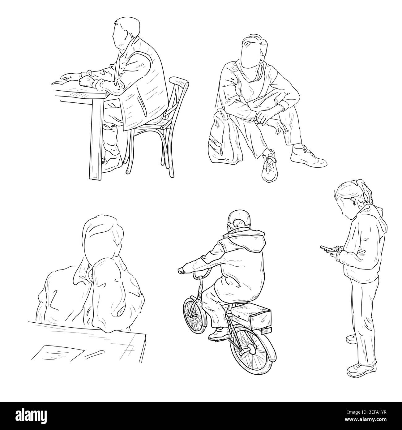 Les gens commandent et attendent la livraison. Illustration vectorielle. Le dessin est dessiné à la main, isolé sur un fond blanc. Le concept de Takeaway Illustration de Vecteur