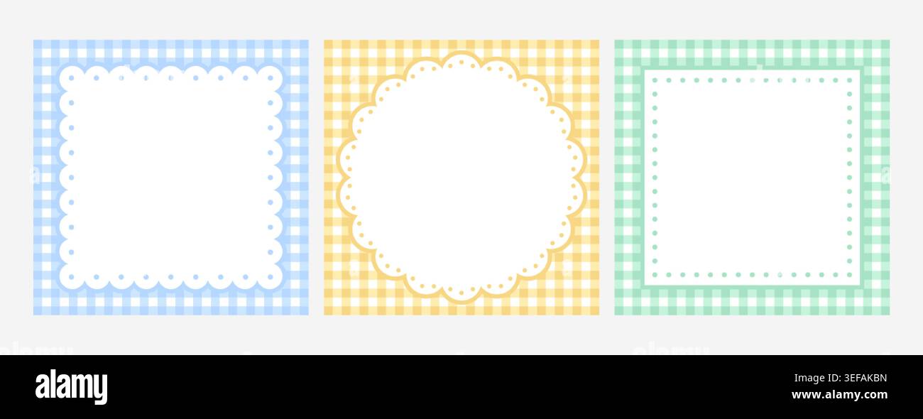 Cadres de dentelle sur vichy vérifier le fond sans couture. Conception de modèle de bordure vide en couleur pastel. Crochet rond et carré Doily. Texture géométrique à carreaux Vichy pour textile de nappe, couverture de pique-nique Illustration de Vecteur