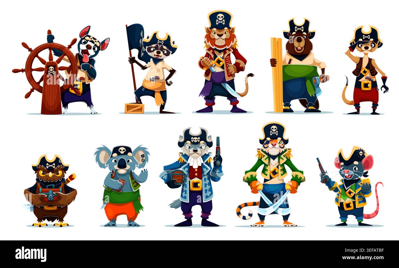 Pirate animal de bande dessinée ou personnages vectoriels de marin corsaire. Tireur de chien, charpentier de castors, capitaine de tigre et skipper de loup. Chouette bateau, chasseur de lion, pirate marin koala et corsaires d'animaux de raton laveur Illustration de Vecteur