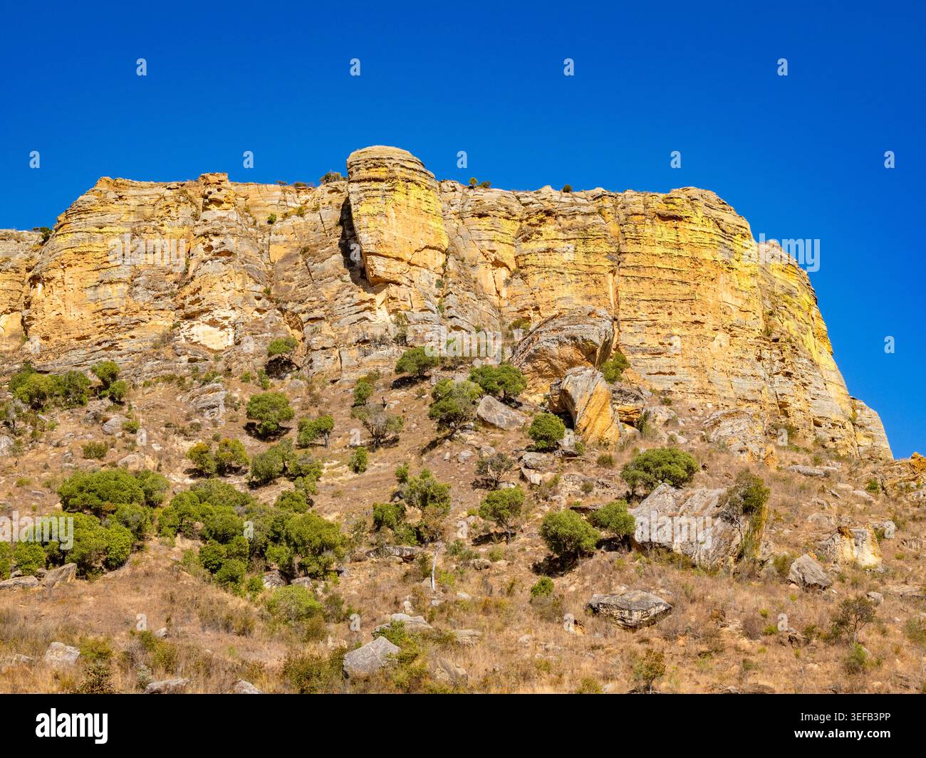 Les formations de grès s'élèvent haut au massif d'Isalo à Madagascar avec un ciel bleu clair au-dessus Banque D'Images