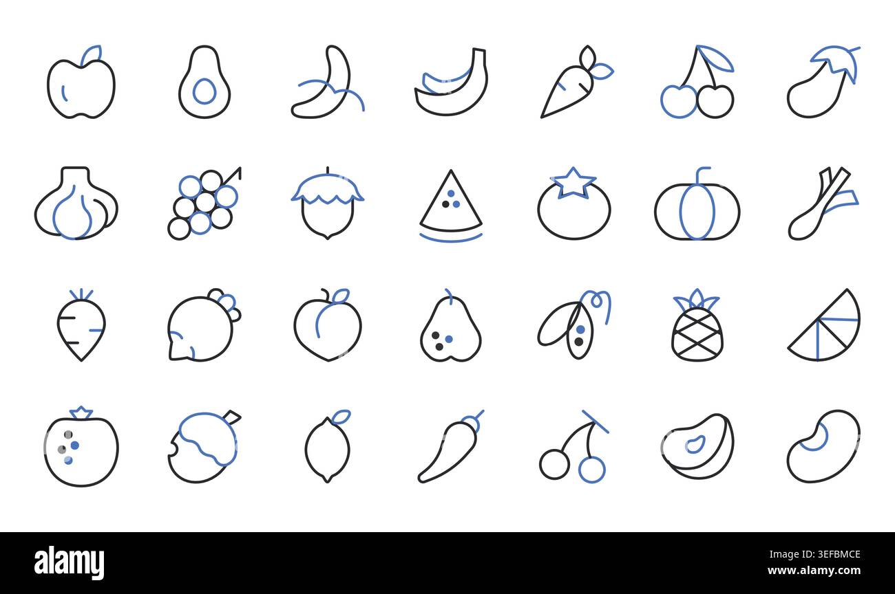 Les icônes de fruits et légumes définissent l'illustration vectorielle modifiable de la ligne de trait. Illustration de Vecteur