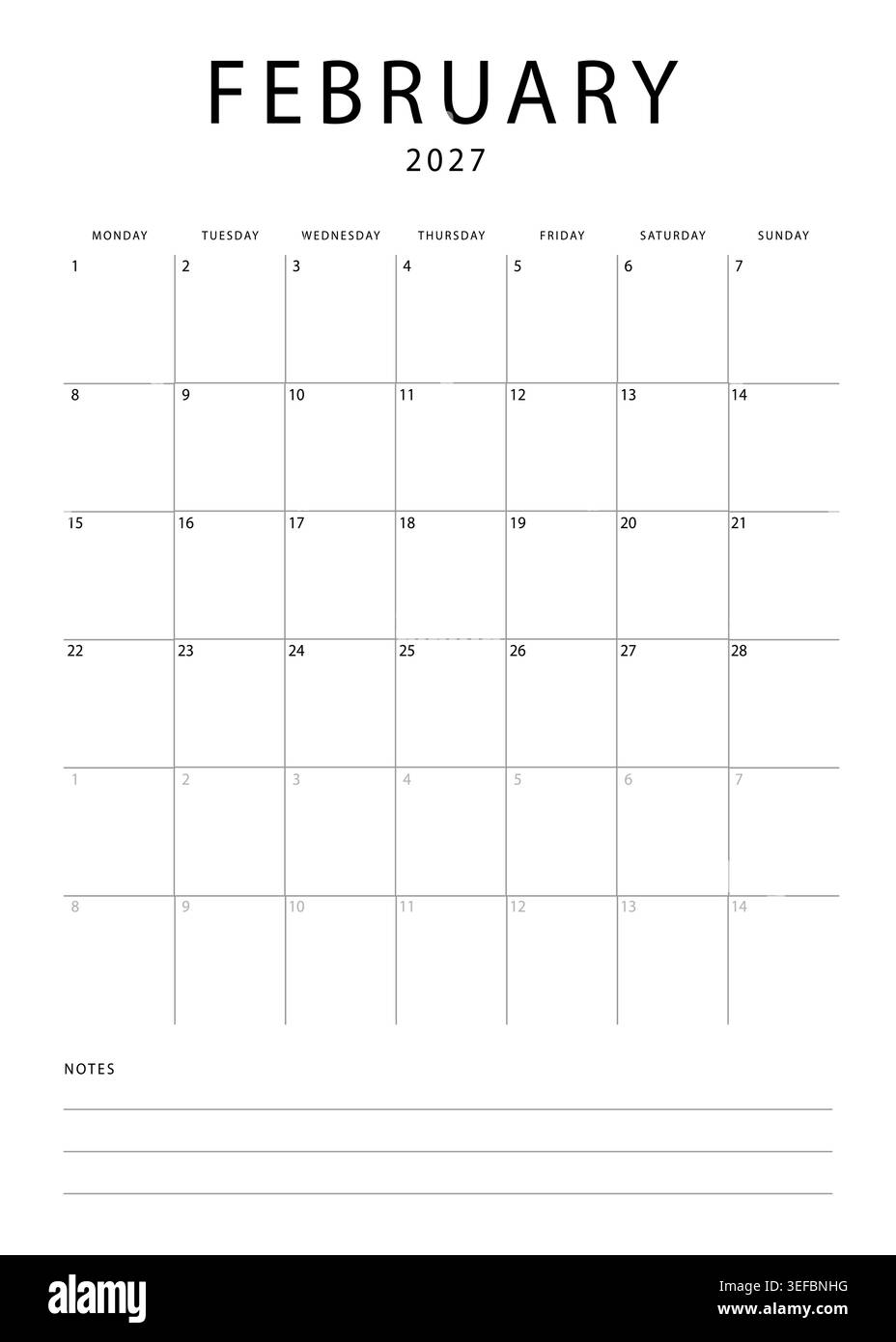 Calendrier mensuel minimaliste pour février 2027 avec mise en page de grille et section de notes sur fond blanc Illustration de Vecteur