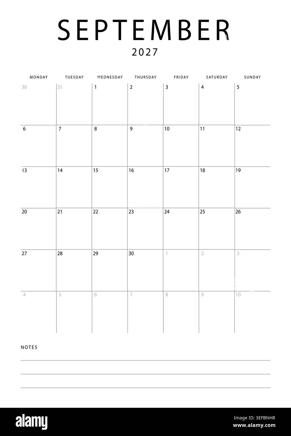 Calendrier mensuel minimaliste pour septembre 2027 avec mise en page de grille et section de notes sur fond blanc Illustration de Vecteur