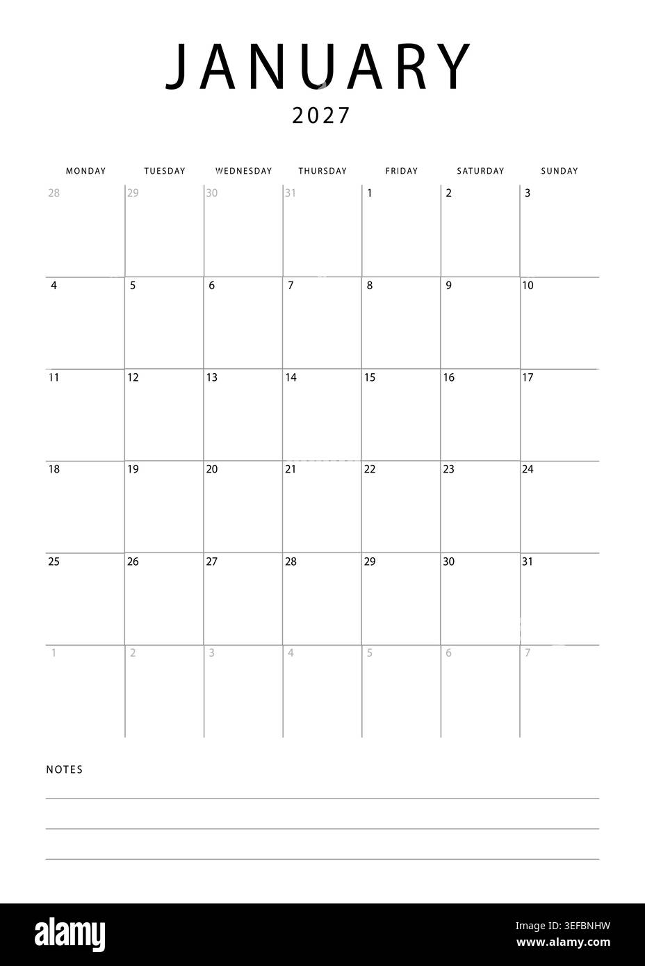 Calendrier mensuel minimaliste pour janvier 2027 avec mise en page de grille et section de notes sur fond blanc Illustration de Vecteur