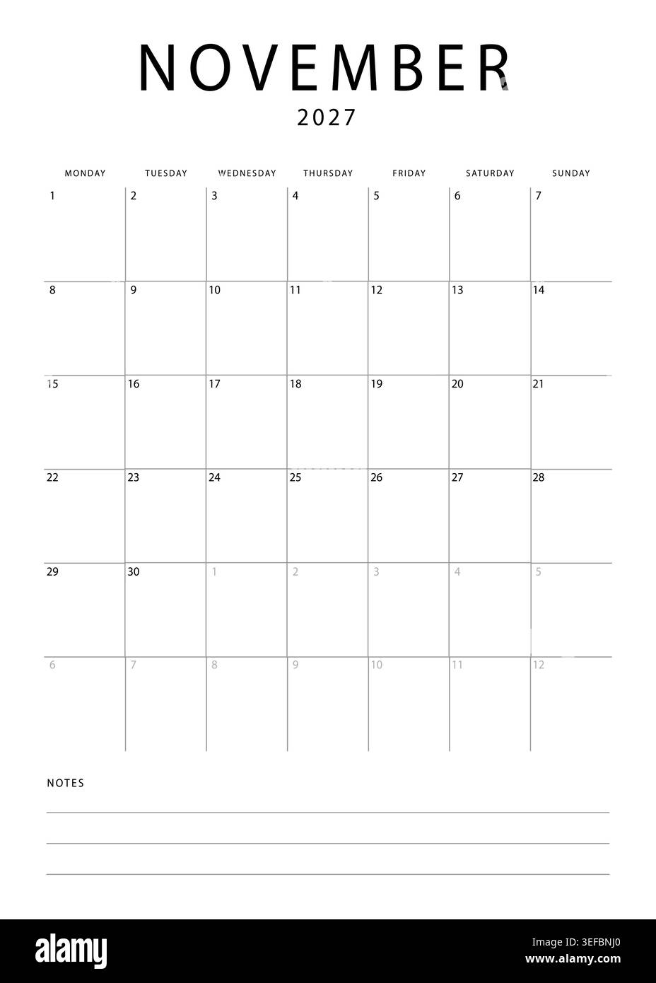 Calendrier mensuel minimaliste pour novembre 2027 avec mise en page de grille et section de notes sur fond blanc Illustration de Vecteur