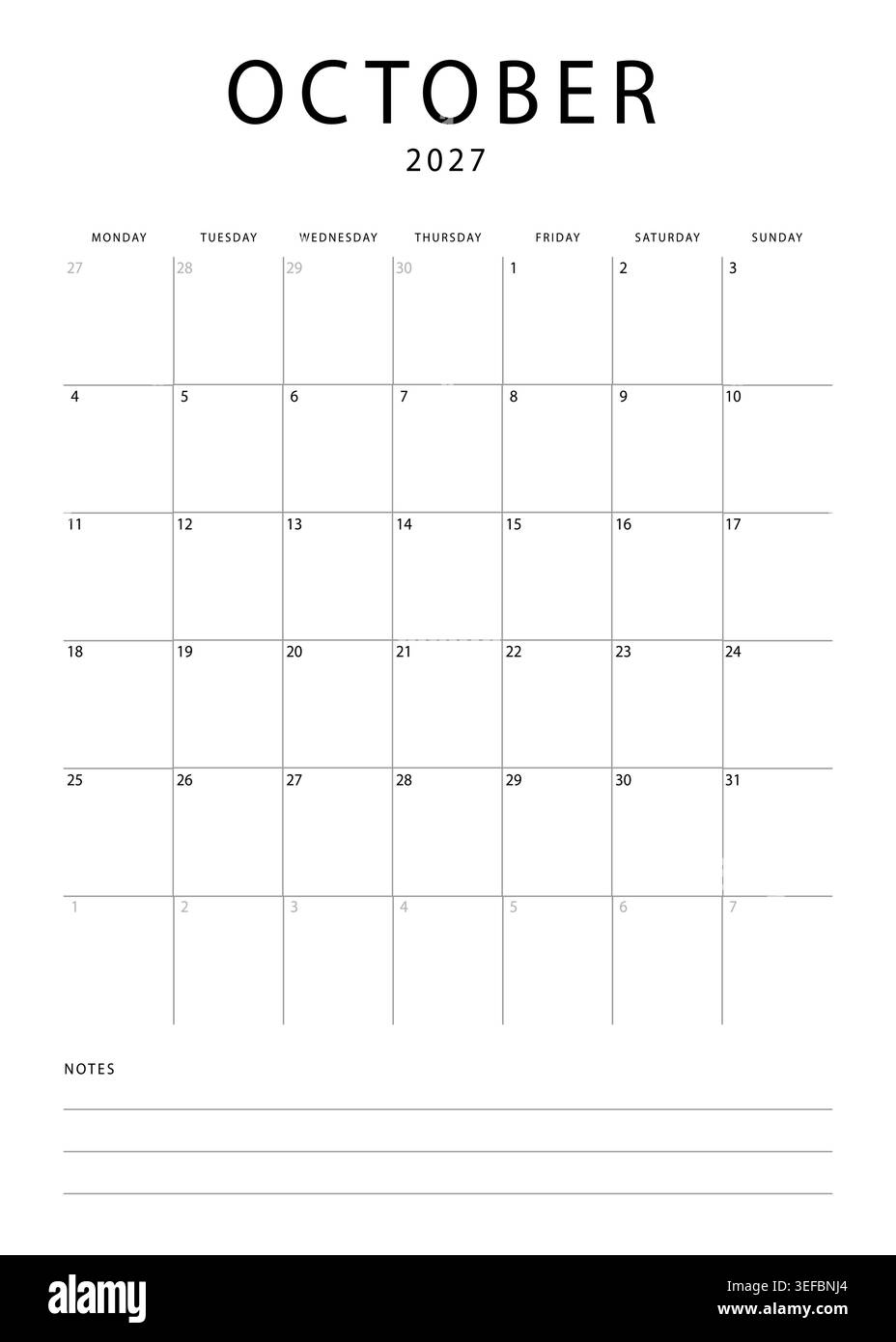 Calendrier mensuel minimaliste pour octobre 2027 avec mise en page de grille et section de notes sur fond blanc Illustration de Vecteur