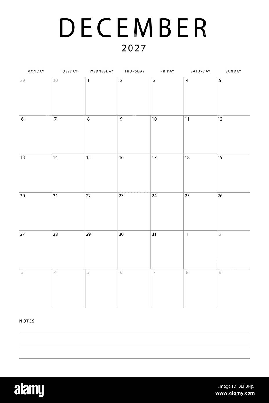 Calendrier mensuel minimaliste pour décembre 2027 avec mise en page de grille et section de notes sur fond blanc Illustration de Vecteur