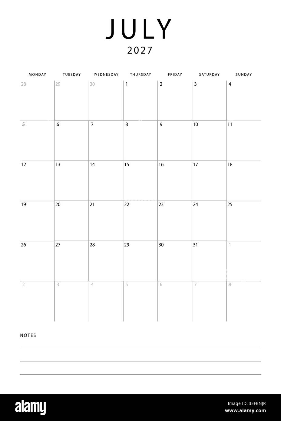 Calendrier mensuel minimaliste pour juillet 2027 avec mise en page de grille et section de notes sur fond blanc Illustration de Vecteur