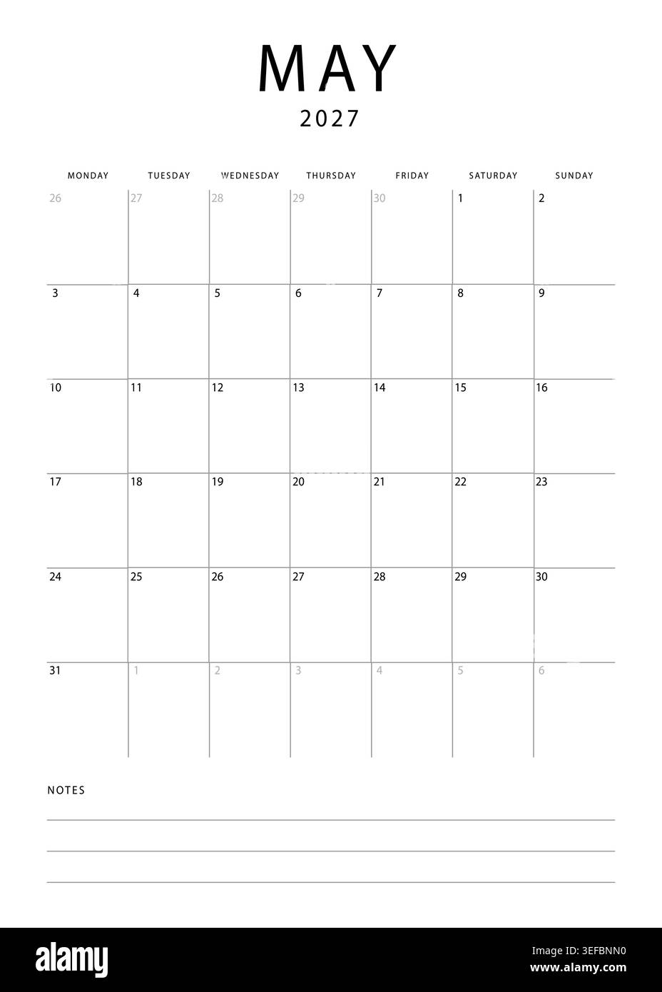 Calendrier mensuel minimaliste pour mai 2027 avec mise en page de grille et section de notes sur fond blanc Illustration de Vecteur