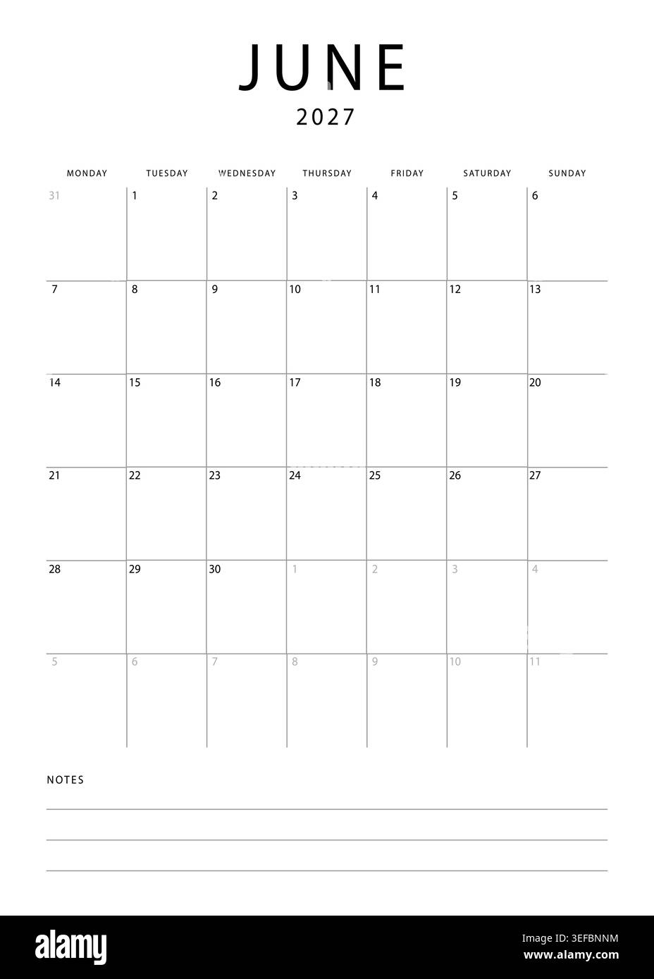 Calendrier mensuel minimaliste pour juin 2027 avec mise en page de grille et section de notes sur fond blanc Illustration de Vecteur