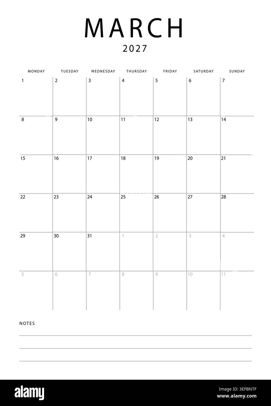 Calendrier mensuel minimaliste pour mars 2027 avec mise en page de grille et section de notes sur fond blanc Illustration de Vecteur