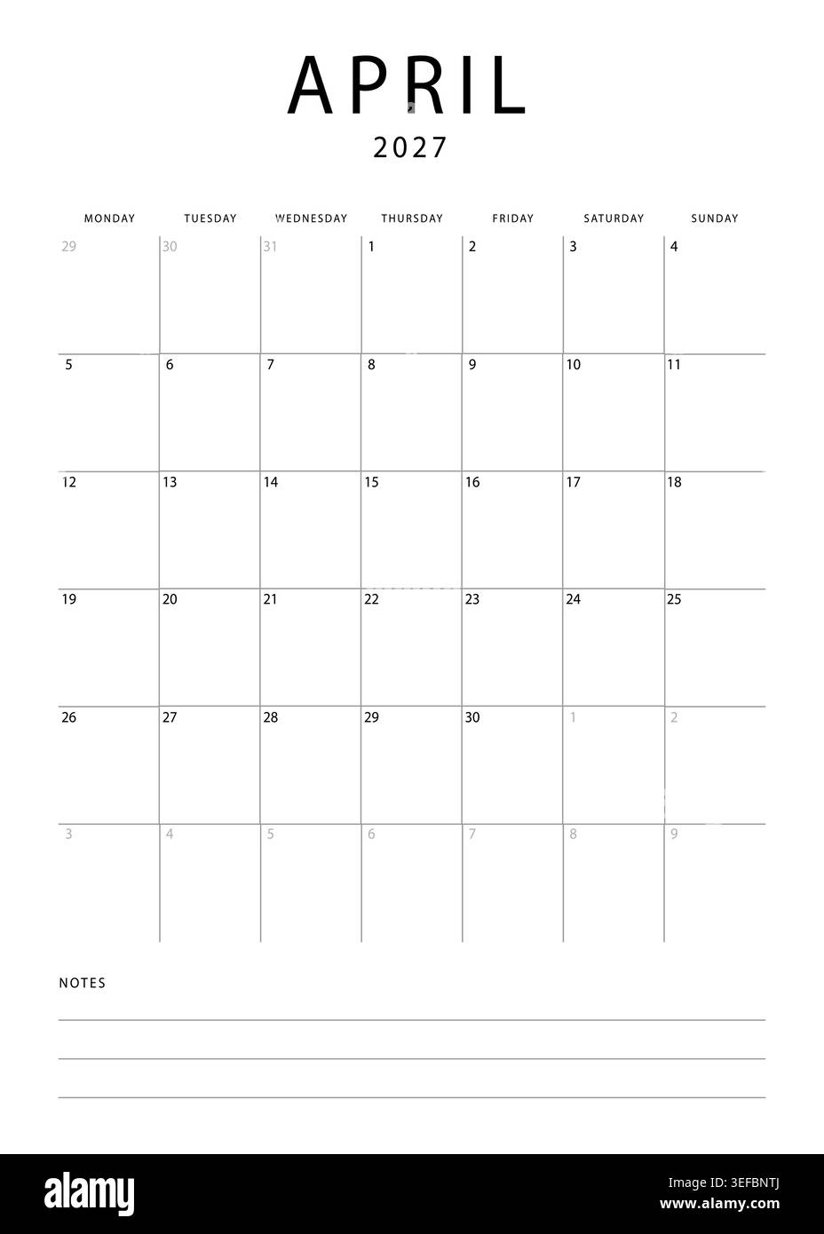 Calendrier mensuel minimaliste pour avril 2027 avec mise en page de grille et section de notes sur fond blanc Illustration de Vecteur