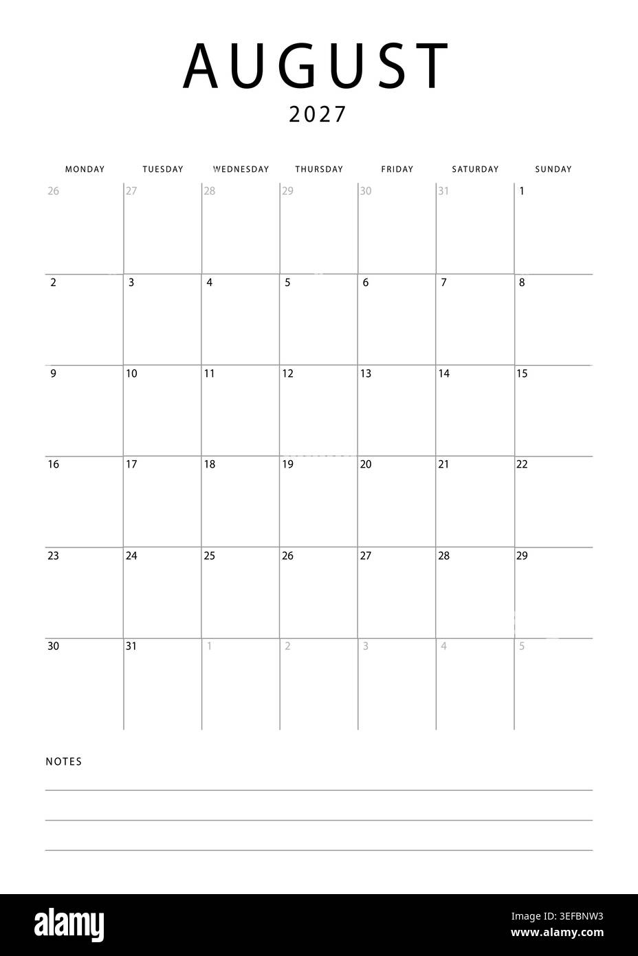 Calendrier mensuel minimaliste pour août 2027 avec mise en page de grille et section de notes sur fond blanc Illustration de Vecteur