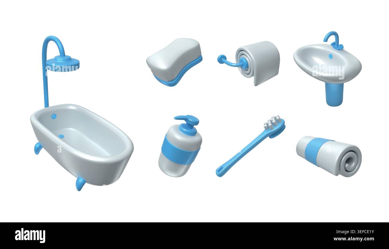 ensemble de rendu de bain 3d. Produits d'hygiène, papier toilette et spray d'entretien comme accessoires de salle de bain pour le lavage, les cosmétiques et les produits hygiéniques détergents. Brosse à dents et savon. Objets brillants de dessin animé mignon vectoriel Illustration de Vecteur