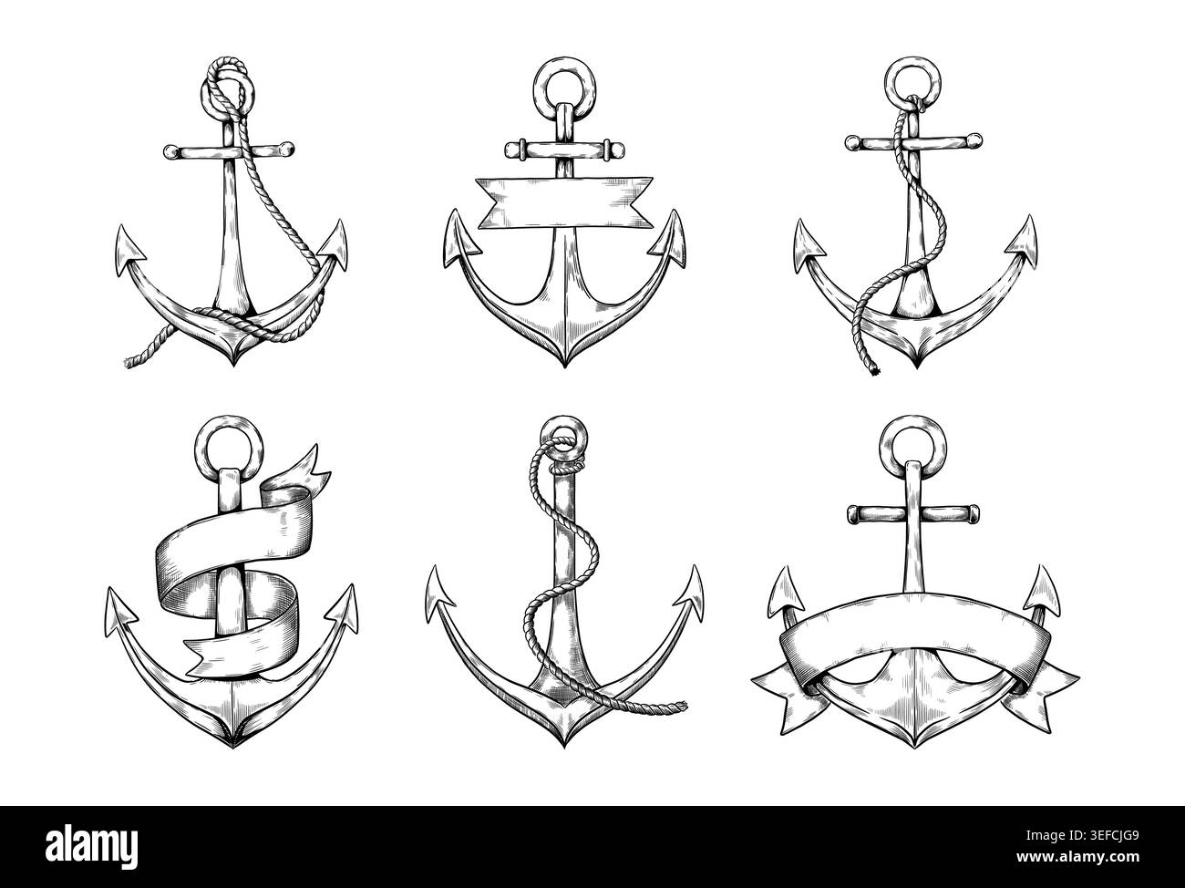 Ancre vintage. Croquis de carte nautique dessiné à la main avec des cordes et des rubans vierges, ornement de doodle de navire de mer ou ancien équipement de géographie antique. Ensemble d'emblèmes. Elément isolé dessiné à la main. Illustration vectorielle Illustration de Vecteur