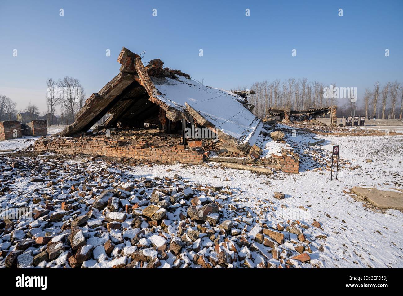 Les restes détruits du crématorium II et de la chambre à gaz du camp d'extermination nazi d'Auschwitz-Birkenau apparaissent sous la neige hivernale. La réinfo Banque D'Images