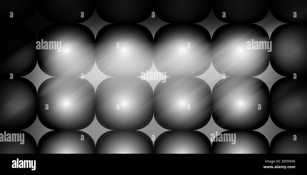 Un fond sombre et abstrait avec une grille de sphères arrondies lumineuses avec un espace négatif en forme d'étoile, créant une esthétique moderne et futuriste. Banque D'Images