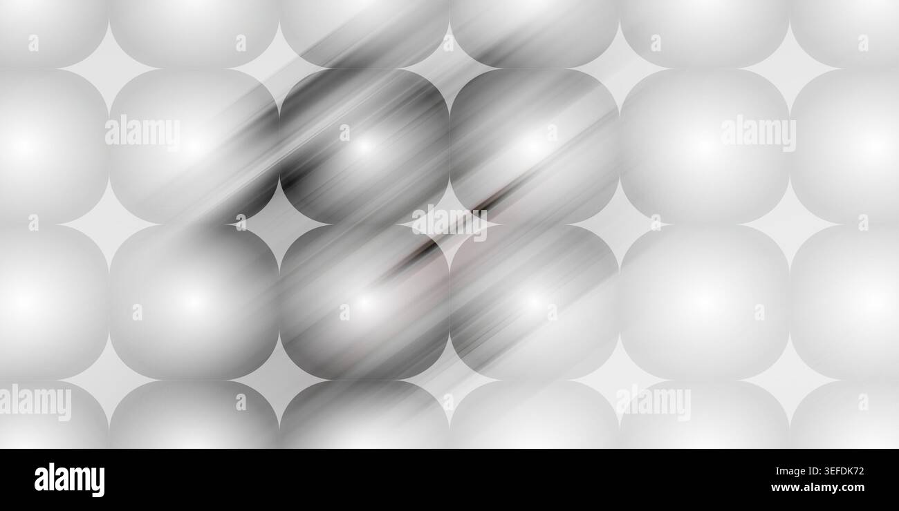 Un fond abstrait monochromatique avec une grille de formes carrées arrondies et éclatantes dans les tons de blanc et de gris, avec un stre lumineux diagonal proéminent Banque D'Images