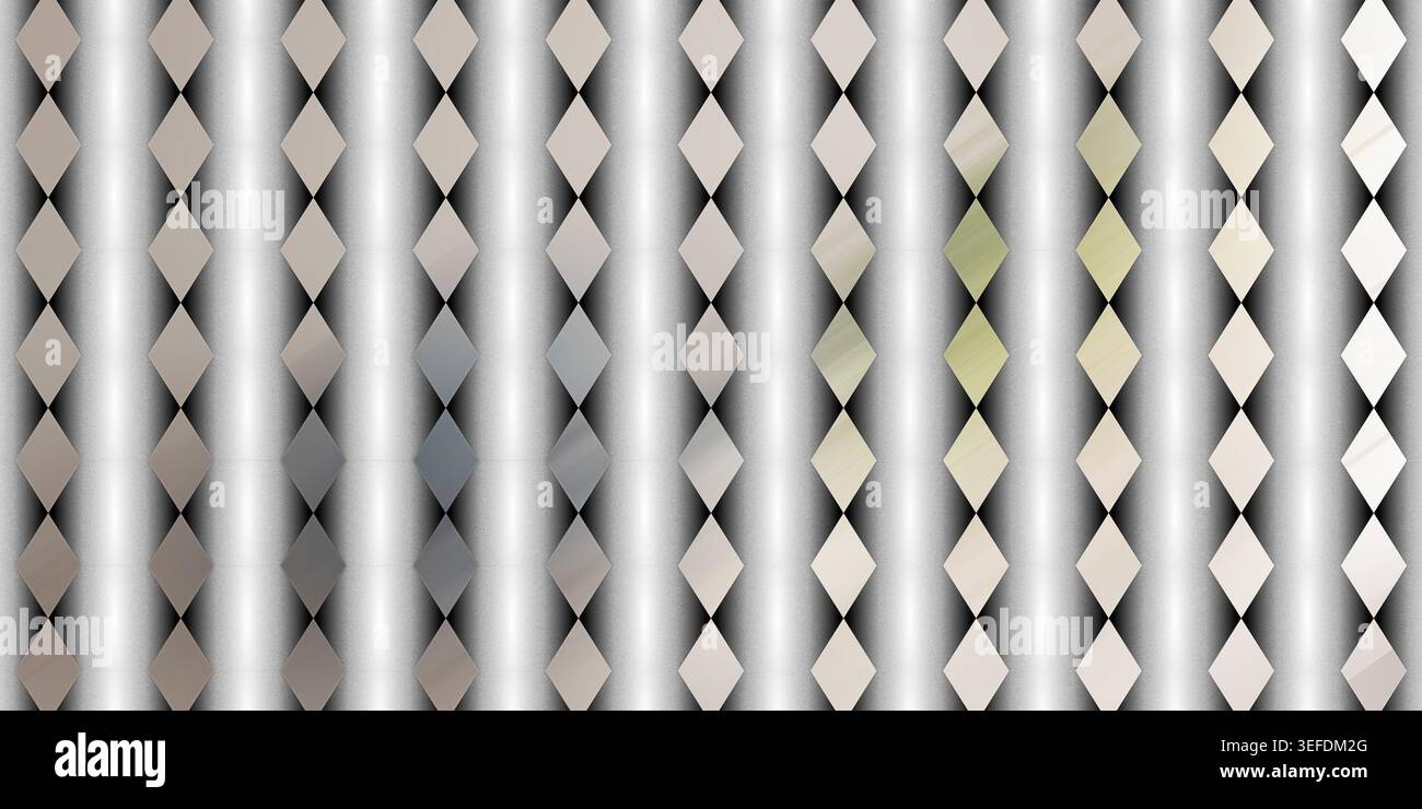 Motif géométrique répétitif de formes de losanges avec des décalages de couleur subtils, disposés sur des bandes de dégradé verticales en niveaux de gris. Banque D'Images