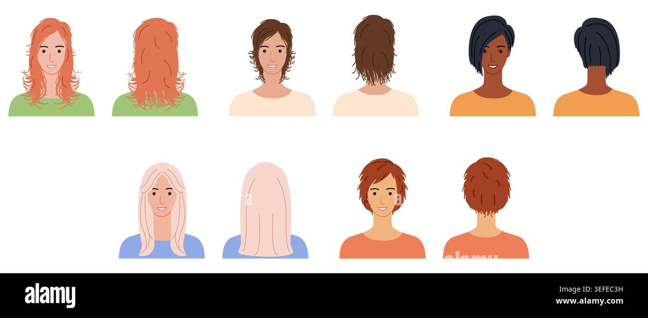 Ensemble de couleur plate de coupes de cheveux modernes avec coupe de loup, mulet, shag, coiffures asymétriques et rideaux franges, personnages vectoriels à la mode pour les applications de beauté et l'illustration de mode Illustration de Vecteur