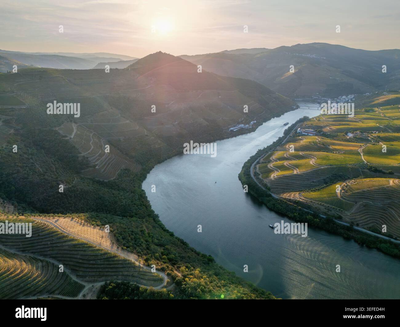 Vue aérienne par drone du fleuve Douro serpentant entre les collines de vignobles dans la vallée du Douro, Portugal, avec lumière douce du coucher du soleil. Banque D'Images