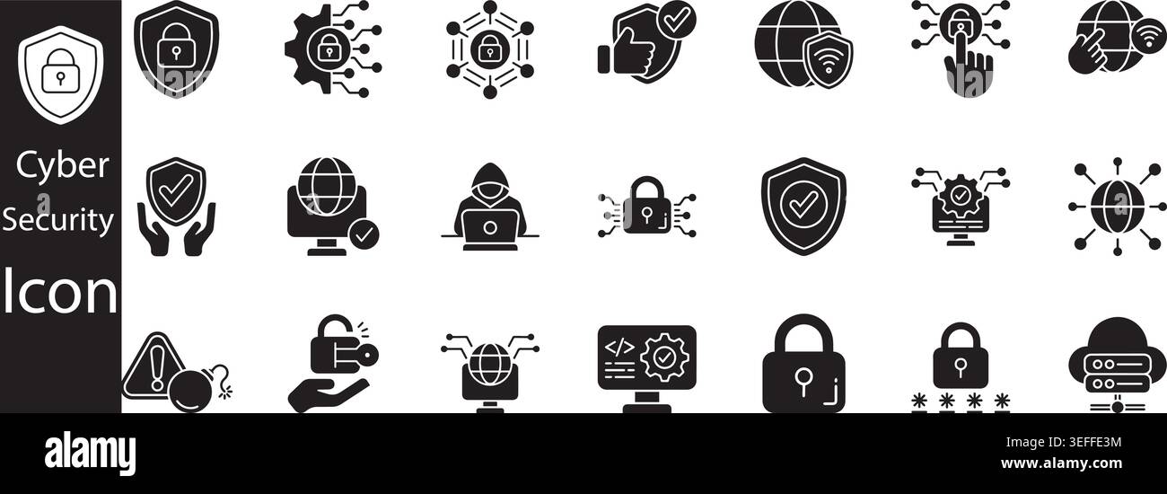Jeu d'icônes de cybersécurité. Protection des données cryptage, confidentialité, pare-feu, symboles de réseau sécurisé. Illustration vectorielle linéaire Illustration de Vecteur