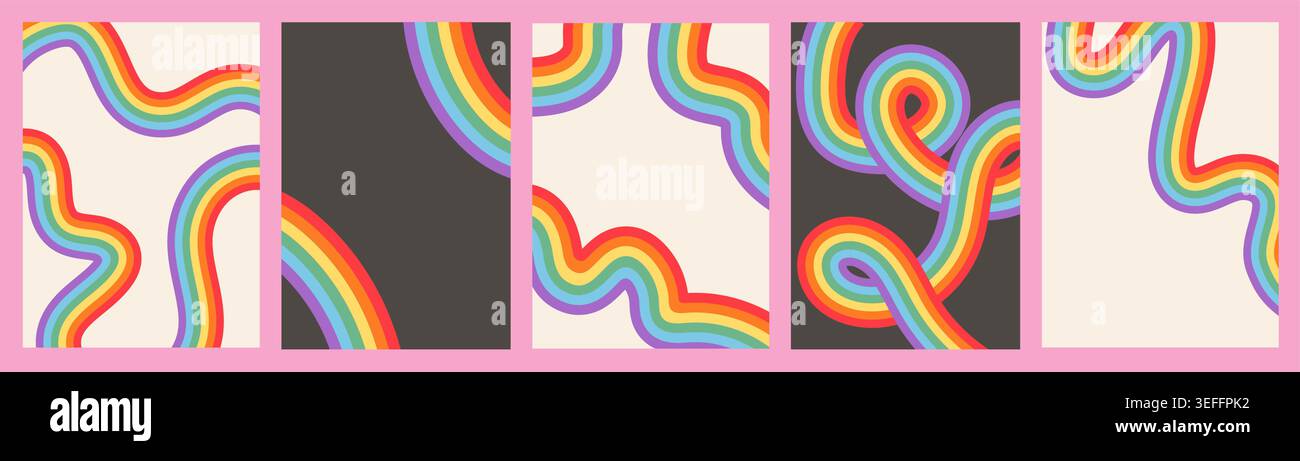 Ensemble d'affiches Queer Pride avec vague arc-en-ciel rétro des années 70 et courbe psychédélique. Art mural minimaliste de galerie LGBTQ, bannière verticale moderne groovy du milieu du siècle Illustration de Vecteur