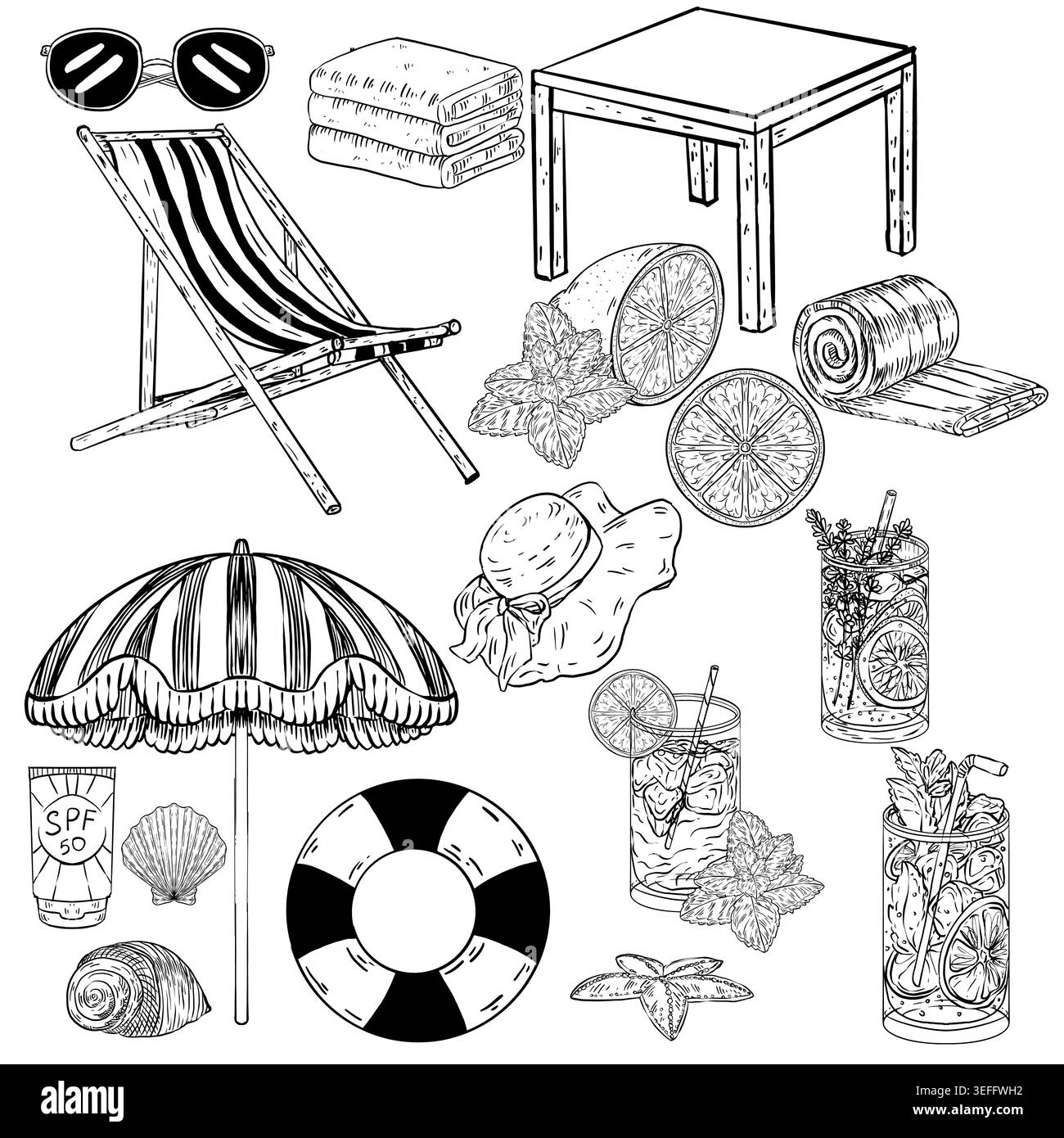 Vecteur d'art de ligne noir et blanc Mega ensemble de plage et d'articles de villégiature : chaise longue, parasol, cocktails, agrumes, coquillages, étoiles de mer, serviettes, chapeau, lunettes de soleil Illustration de Vecteur