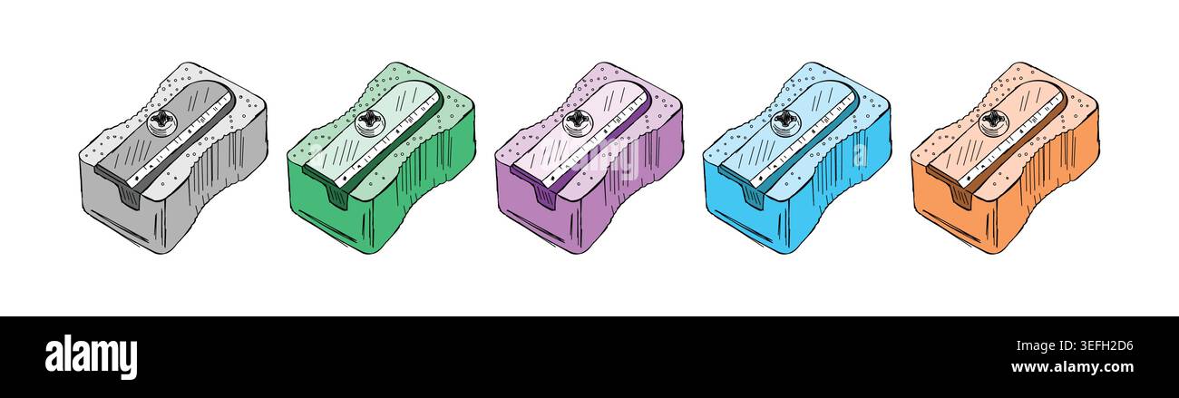 taille-crayon gris, vert, violet, bleu et orange. taille-crayon dessiné à la main. Illustration de Vecteur