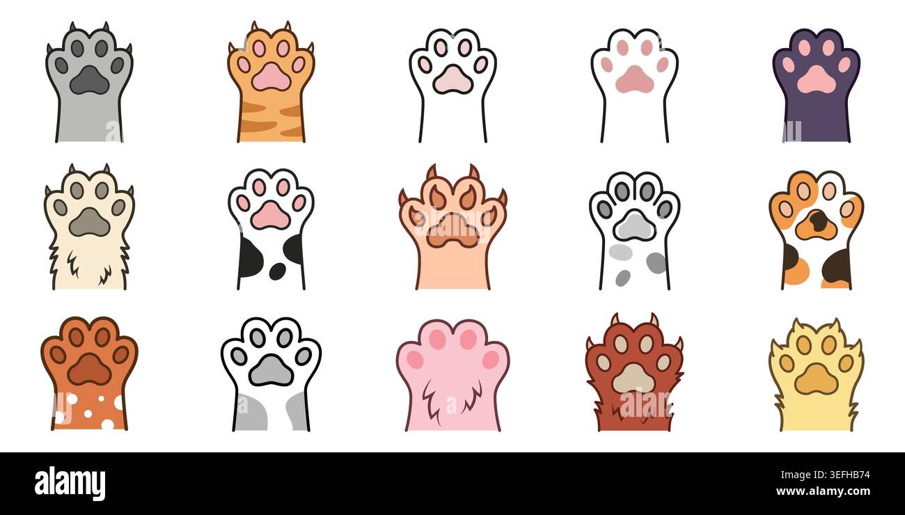 Collection d'icônes de patte de chat et de chien dans un style plat. Illustration vectorielle colorée de pied animal sur fond isolé. Les pattes de chaton et de chiot signent des busines Illustration de Vecteur