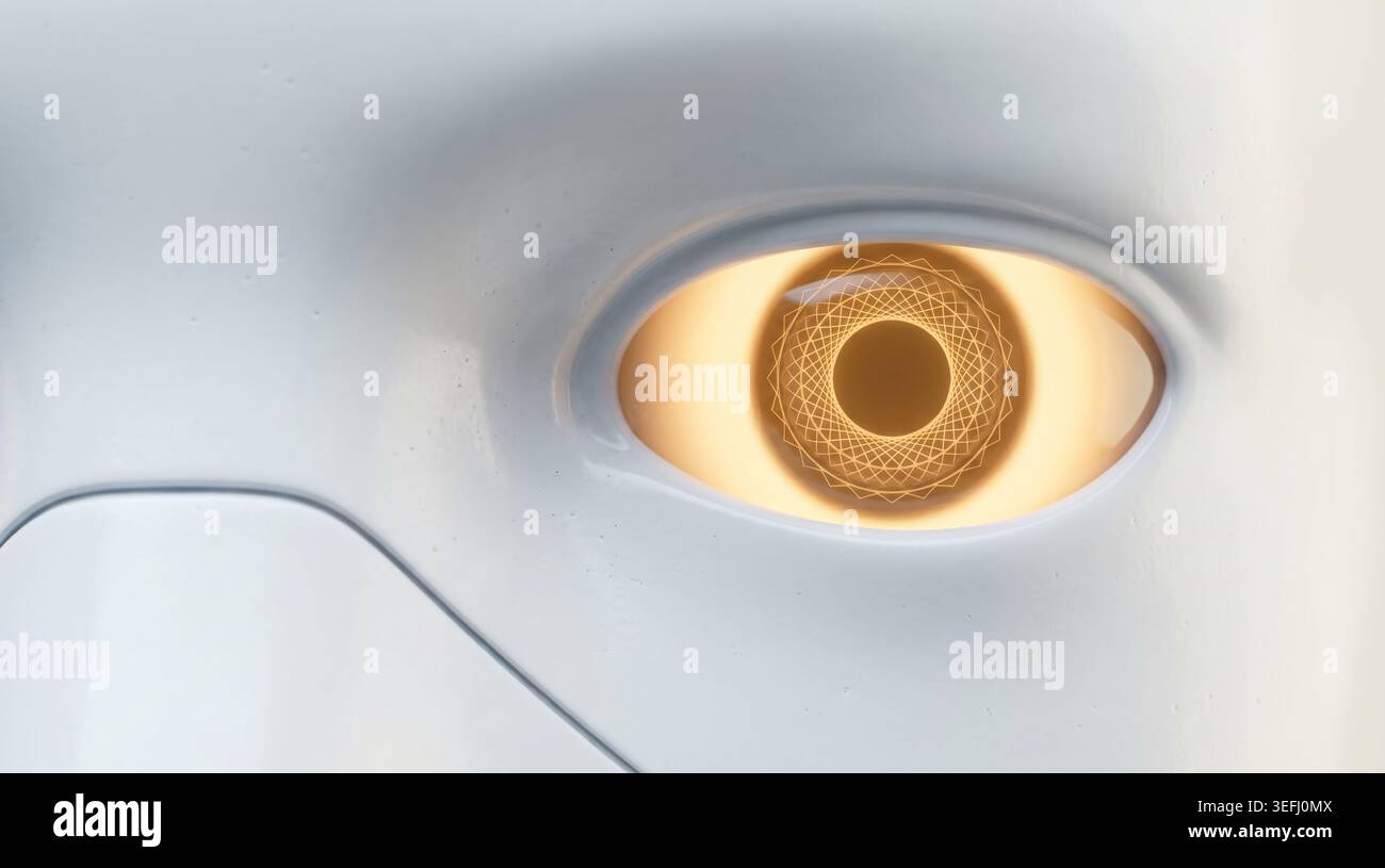 Macro extrême de visage de robot montrant un oeil ambre lumineux avec iris de micro-mécanisme sur la surface en céramique. Détails conceptuels de l'IA conviviale pour les thèmes technologiques. Banque D'Images