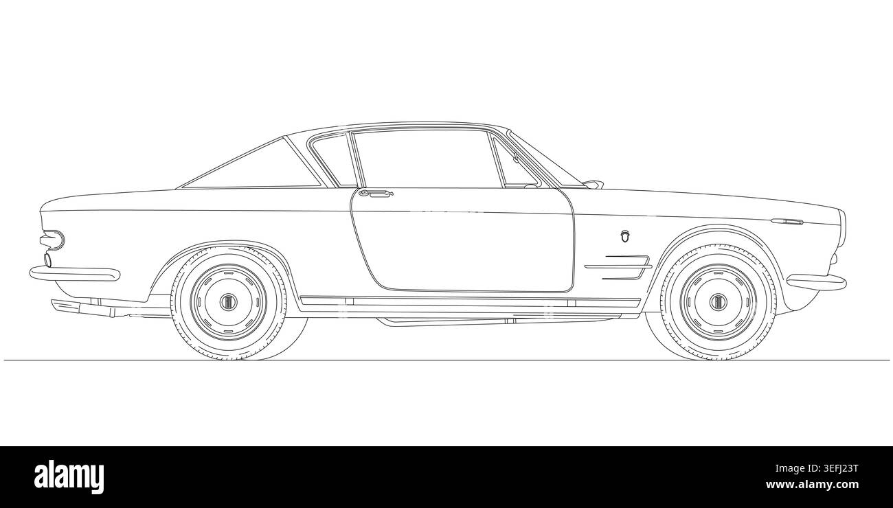 Torino, Italie, année 1961, Fiat 2300 Coupe vintage et voiture classique, silhouette de profil, illustration vectorielle art au trait Banque D'Images