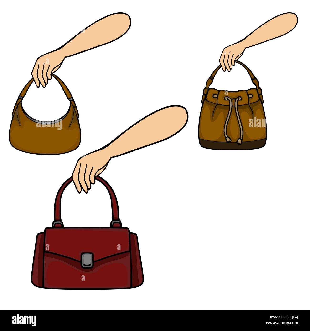 Ensemble de trois illustrations vectorielles élégantes de mains tenant différents sacs à main en cuir en marron et rouge, isolé sur blanc. Illustration de Vecteur