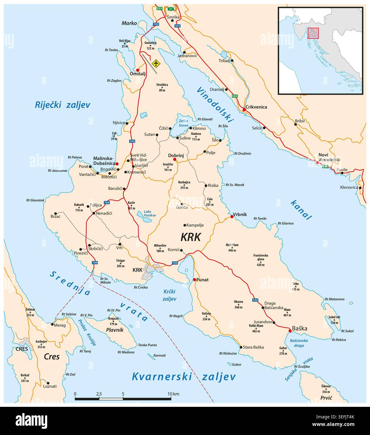 Carte de l'île croate Adriatique de Krk Banque D'Images