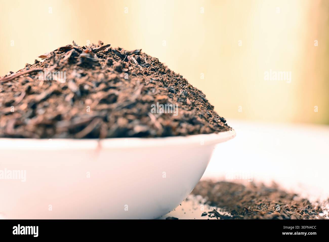 Mélange de poudre de thé dans une cuillère, photographie macro-alimentaire vue de face avec espace négatif et arrière-plans blancs flou doux Banque D'Images