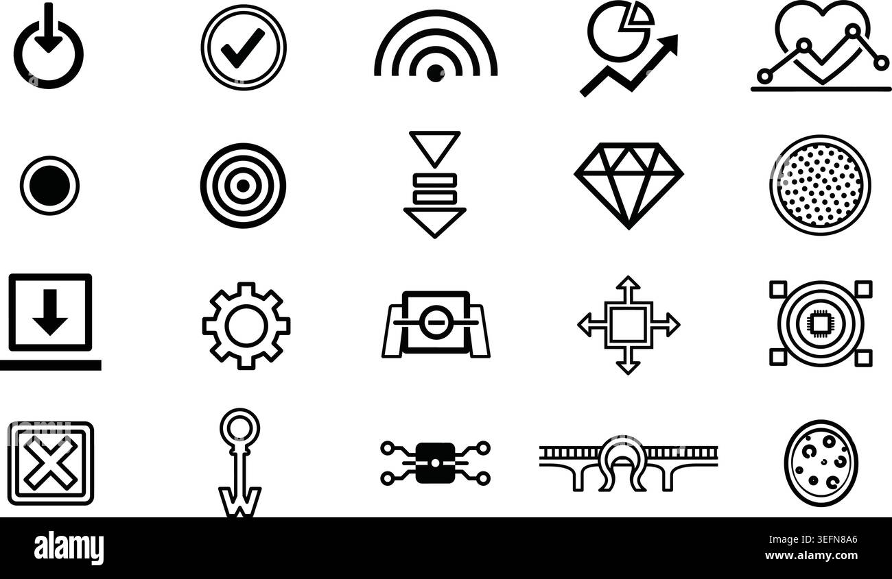 Icônes plates modernes pour les applications web et mobiles. Inclut la technologie, l'entreprise, les données, la sécurité et les symboles abstraits. Graphiques vectoriels propres pour une utilisation numérique. Illustration de Vecteur